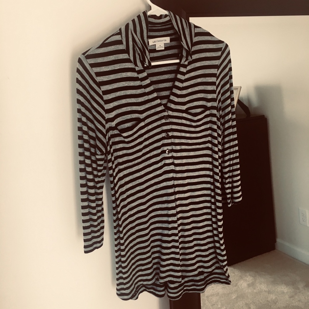 Liz Claiborne Striped Collared 3/4 Sleeve Shirt